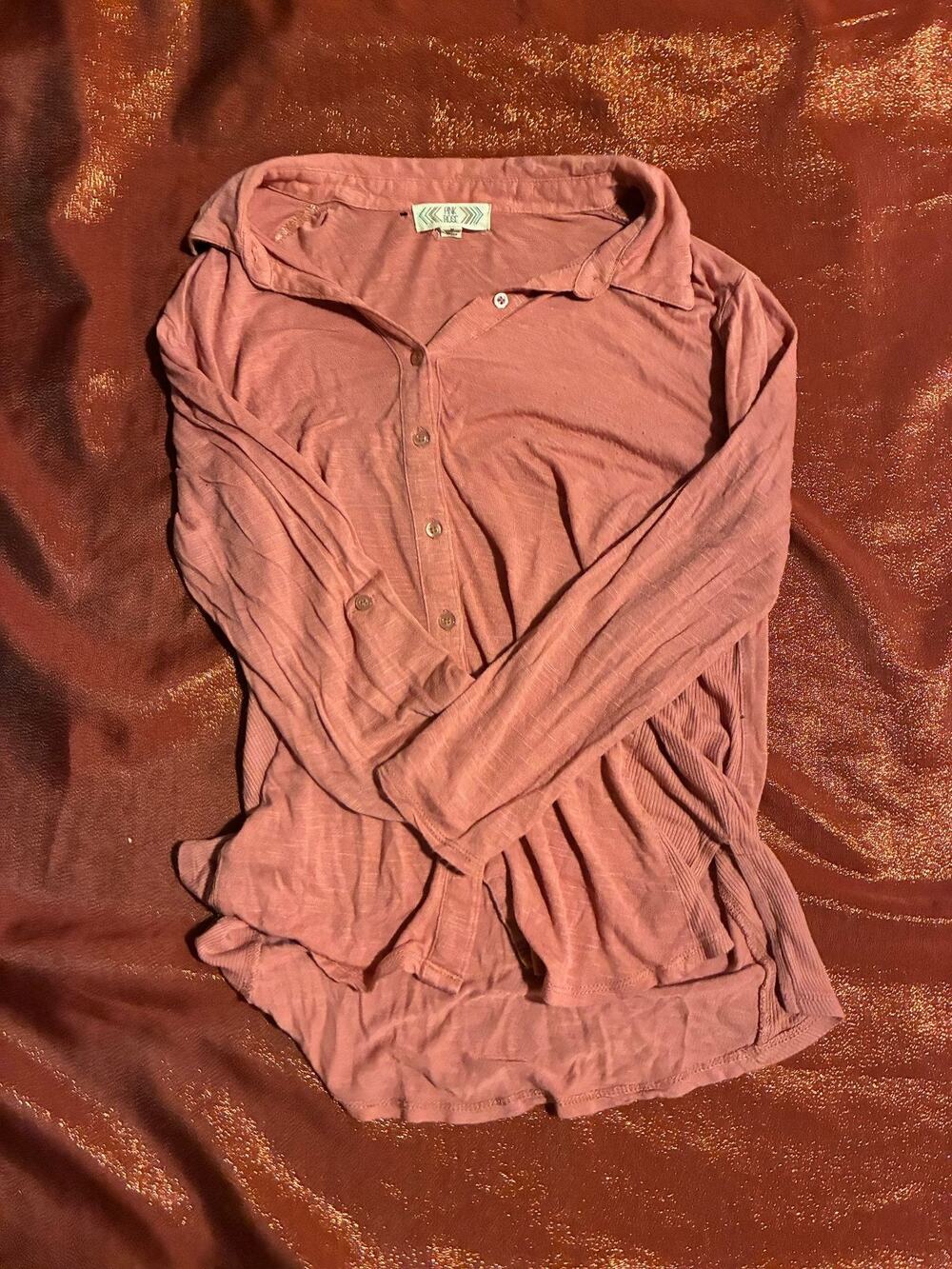 Pink Rose Top Womens M Dusty Rose Long Sleeve Button Front Henley Lightweight